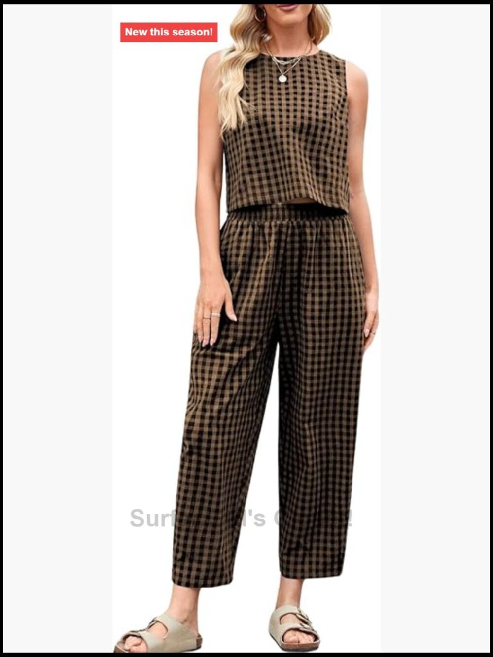 Cotton Gingham 2 Piece Outfit Tank Top Pants Matching Lounge Set